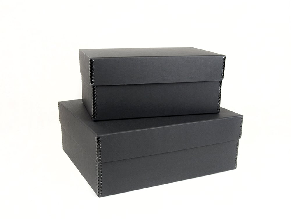 Two black archival Short Top Boxes made from acid-free materials, designed for long-term photo and document storage.